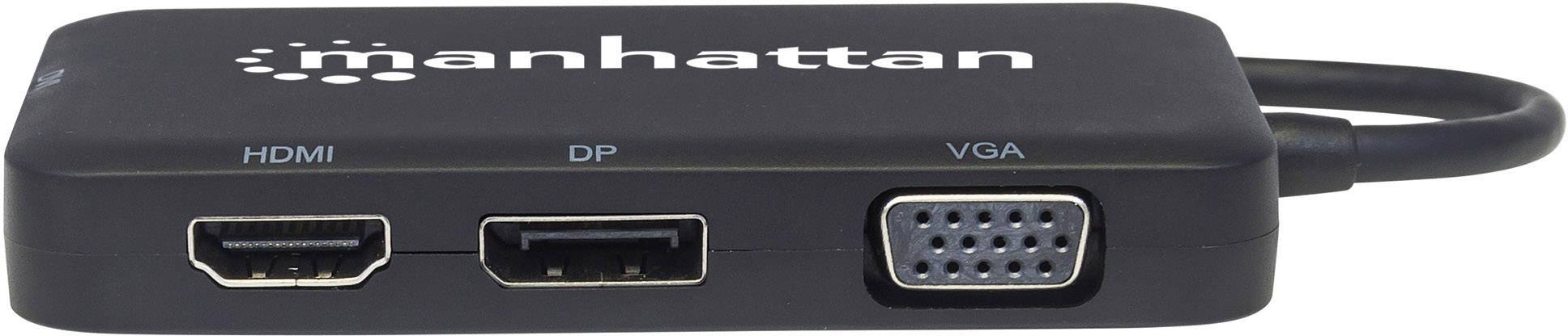 Černý adaptér se třemi konektory: HDMI, DisplayPort (DP) a VGA. Nápis: 'manhattan'. Slouží k video připojení.