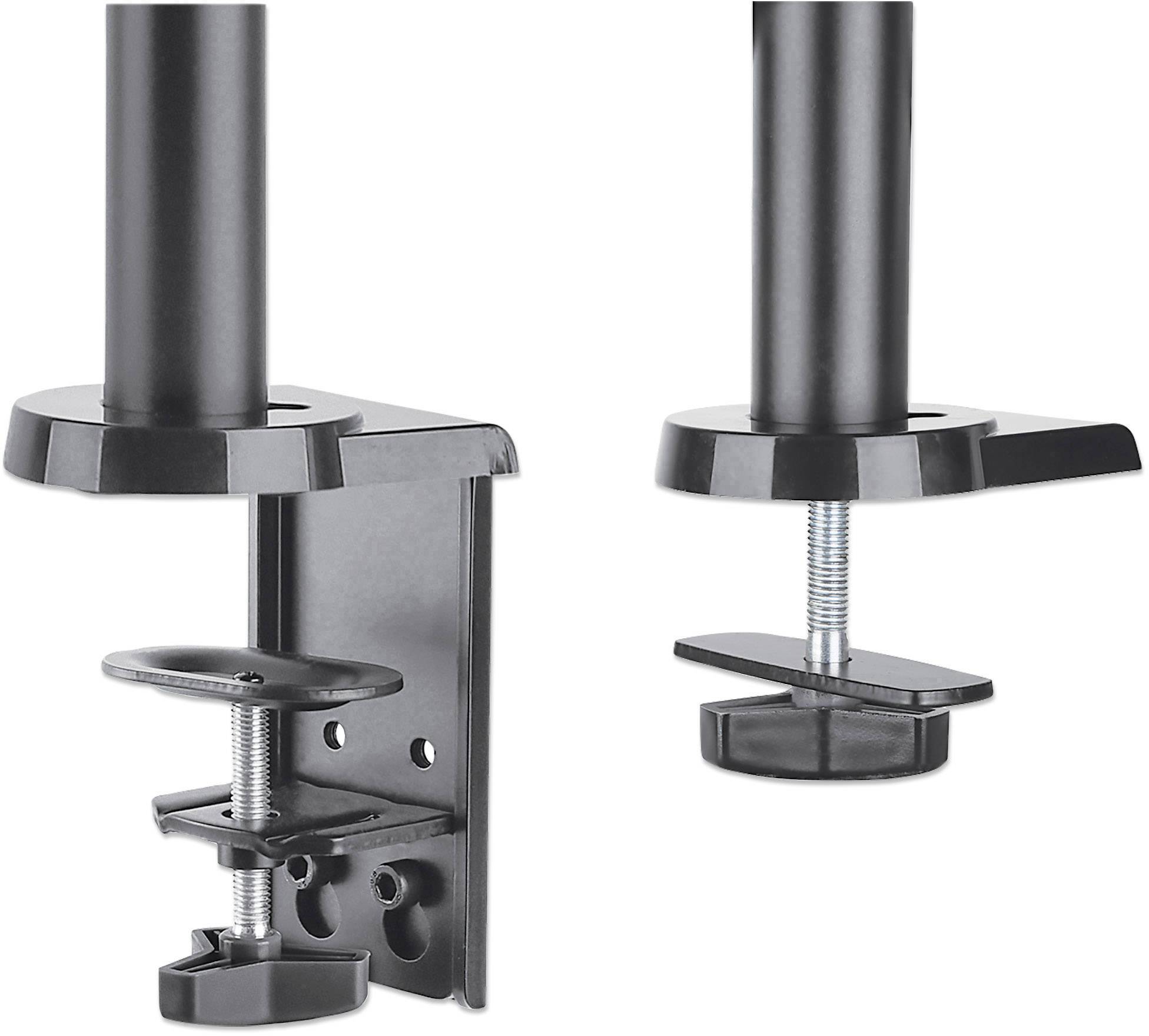 Dvě černé kovové svorky na stůl určené pro upevnění ramen monitorů. Jsou vybaveny šroubovacím mechanismem pro stabilní uchycení na hranu stolu.