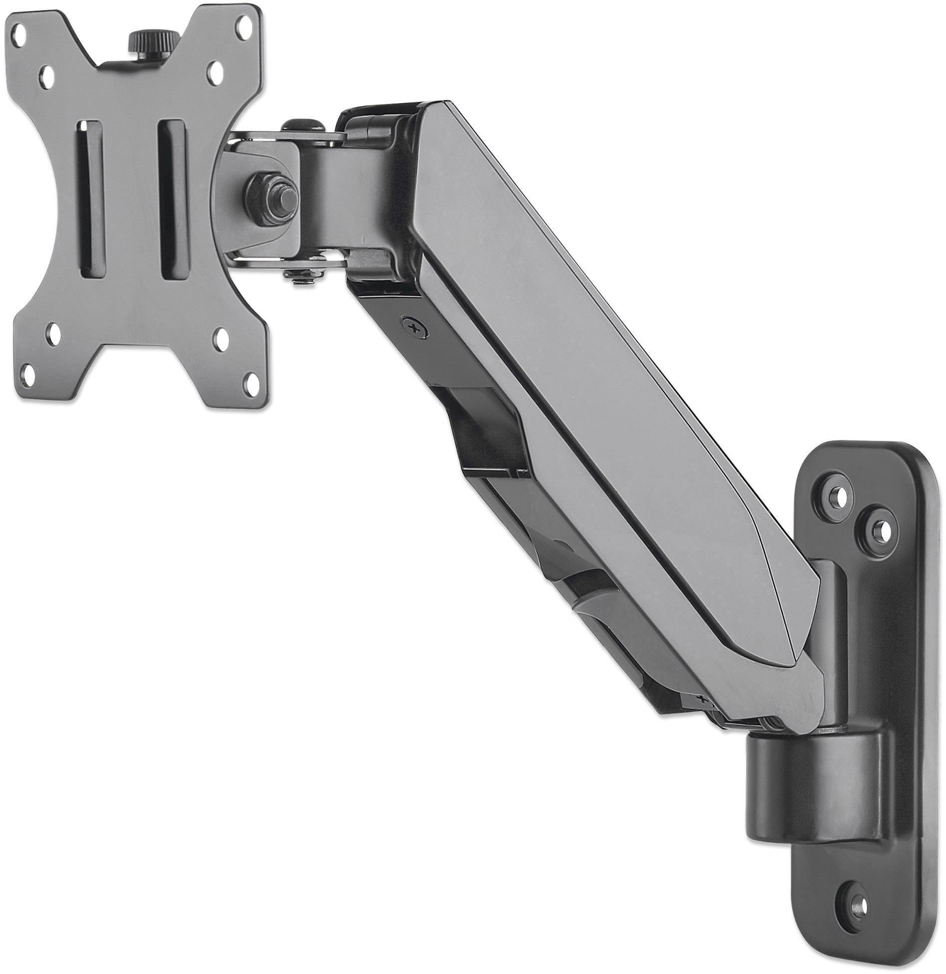 Nastavitelné černé rameno pro uchycení monitoru na stěnu, které umožňuje flexibilní polohování obrazovky.