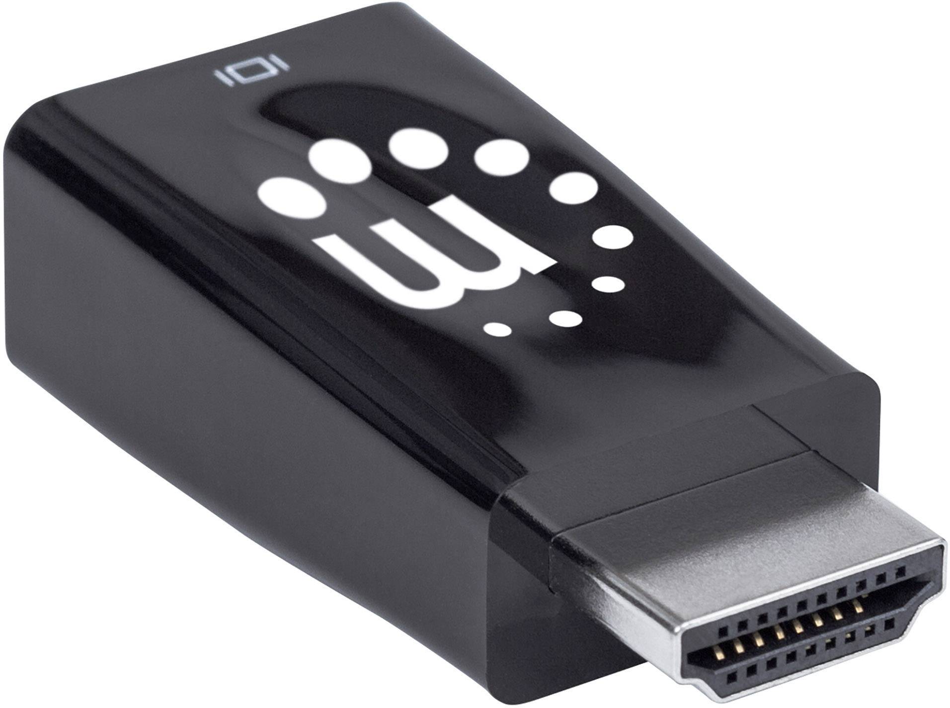 Černý HDMI adaptér s bílým logem a spirálovým designem.