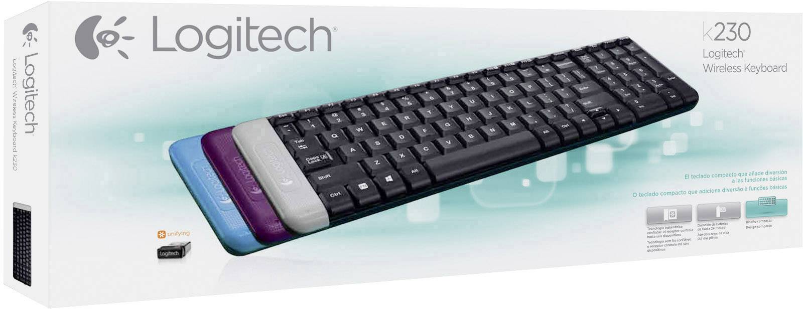 Pohled shora na obal bezdrátové klávesnice Logitech K230 s vyměnitelnými barevnými kryty: modrá, fialová, šedá.