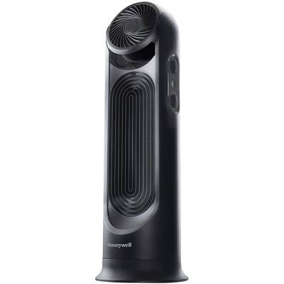 Ventilátor v elegantním, moderním designu s černým povrchem a nastavitelnou hlavou. Obchodní značka 'Honeywell' v dolní části.