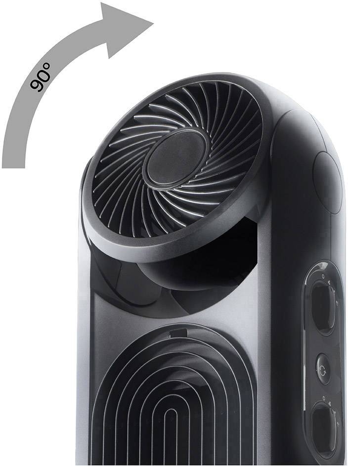 Oscilující ventilátor s šipkou ukazující 90stupňový obrat na bílém pozadí.