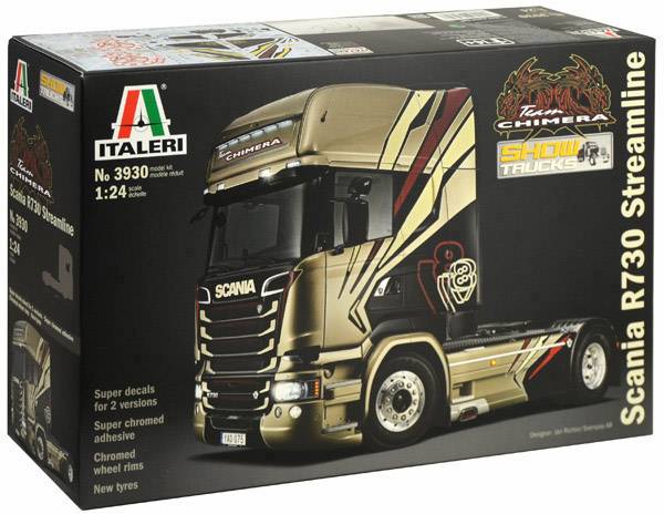 Modelový stavebnicový kit nákladního vozu Italeri: 'Scania R730 Streamline' s detailní grafikou na obalu. Měřítko 1:24.