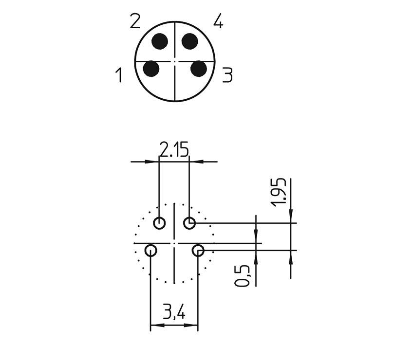 Diagram znázorňuje kruhový objekt se čtyřmi symbolickými otvory, očíslovanými od 1 do 4. Rozměry: 2,15 mezi horními otvory, 1,95 mezi spodními otvory, 0,5 po stranách, celková délka 3,4.