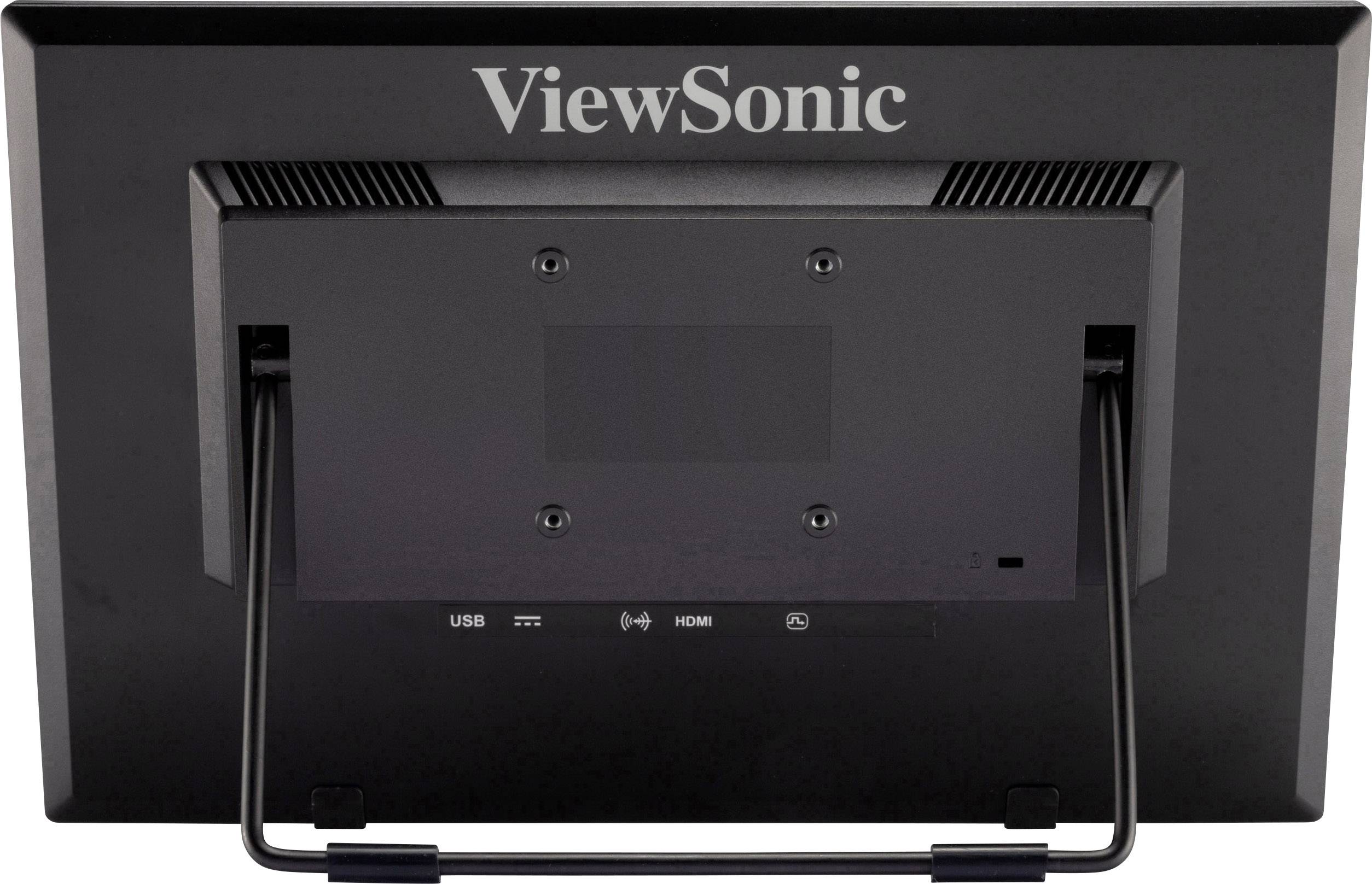 Zadní pohled na monitor značky ViewSonic s viditelnými porty USB a HDMI a logem bezdrátové sítě WiFi na černém těle monitoru.