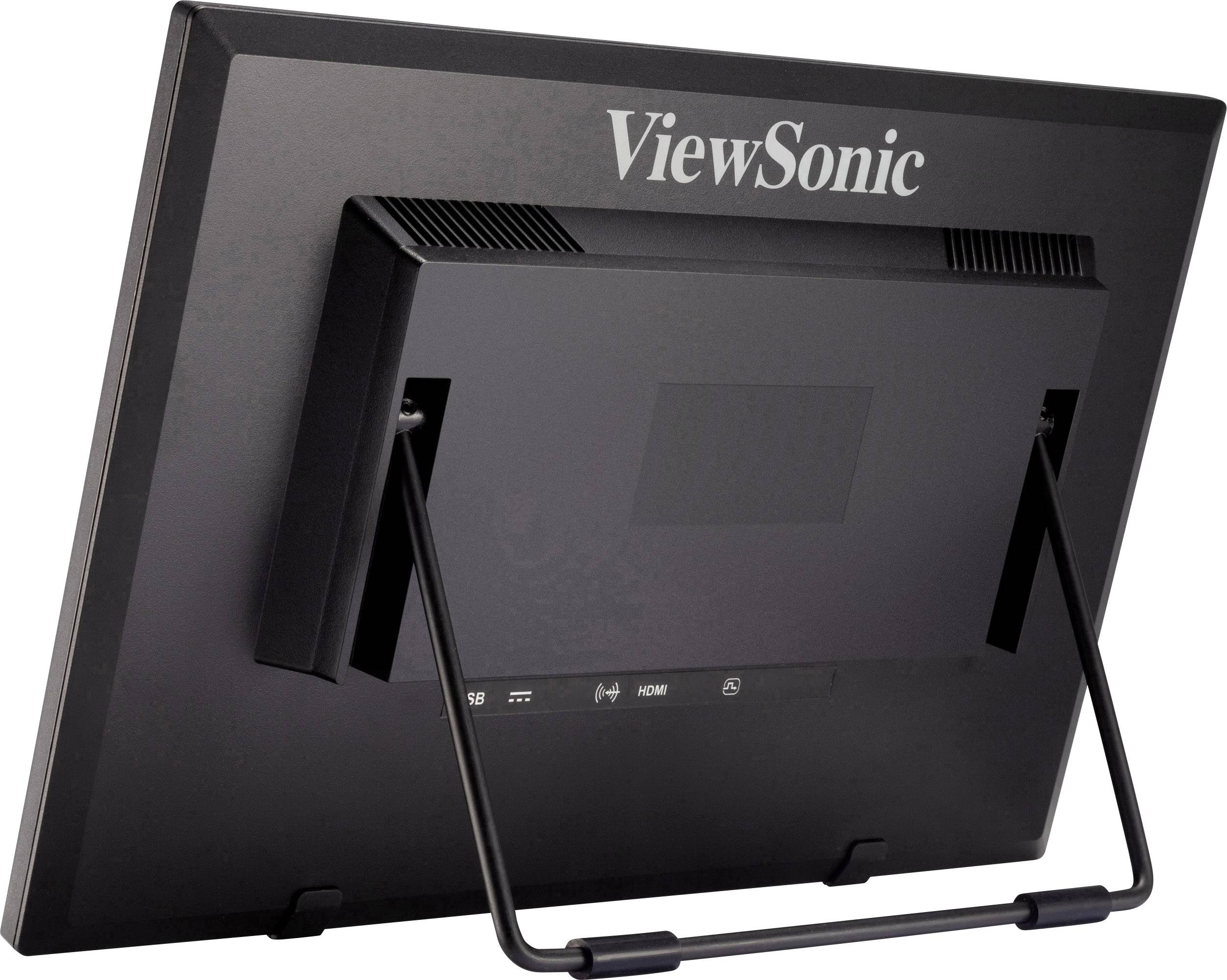 Pohled zezadu na monitor ViewSonic se stojanem, zobrazující HDMI a USB porty.