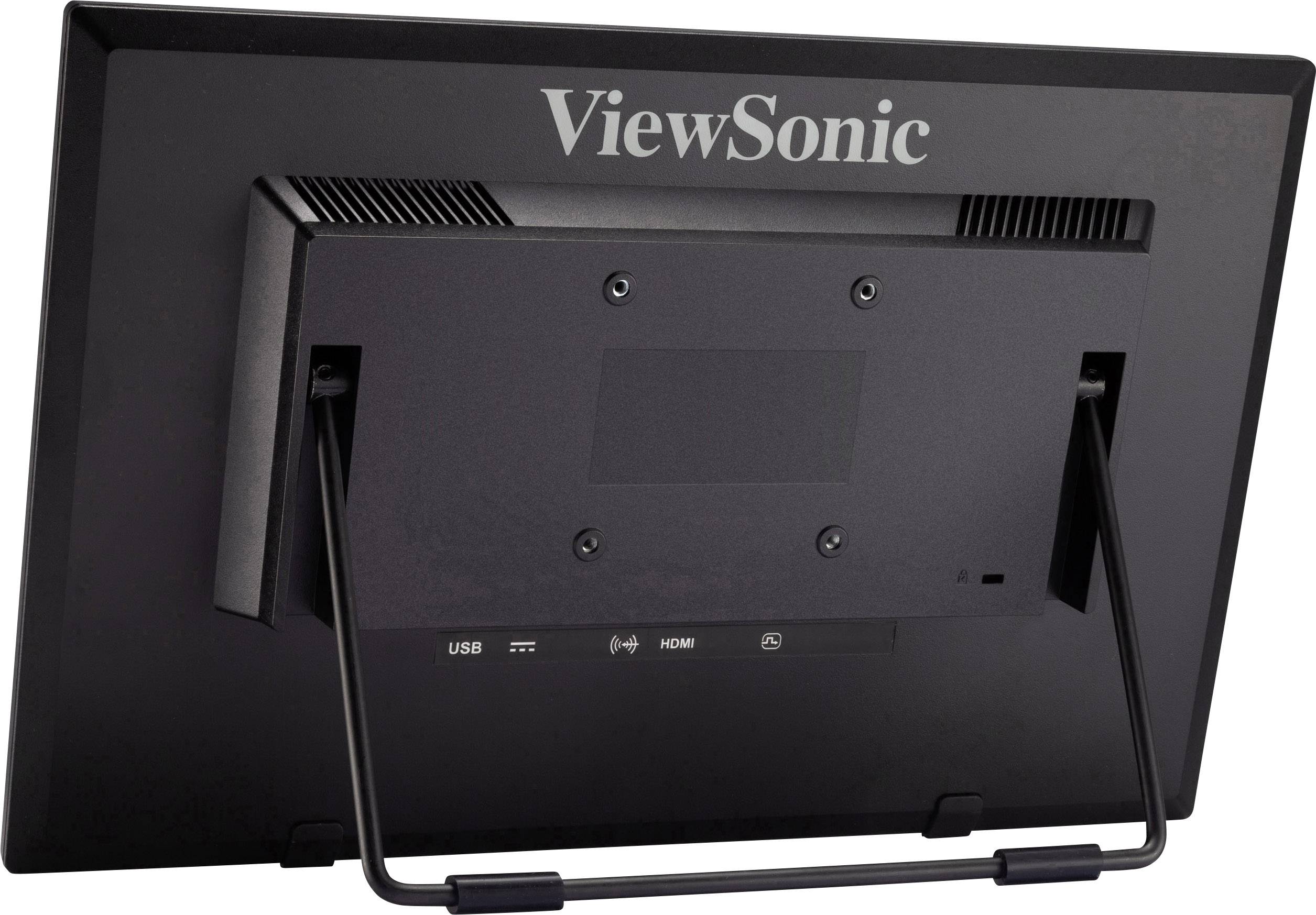 Pohled zezadu na monitor značky ViewSonic, který ukazuje konektory pro USB, HDMI a další rozhraní.