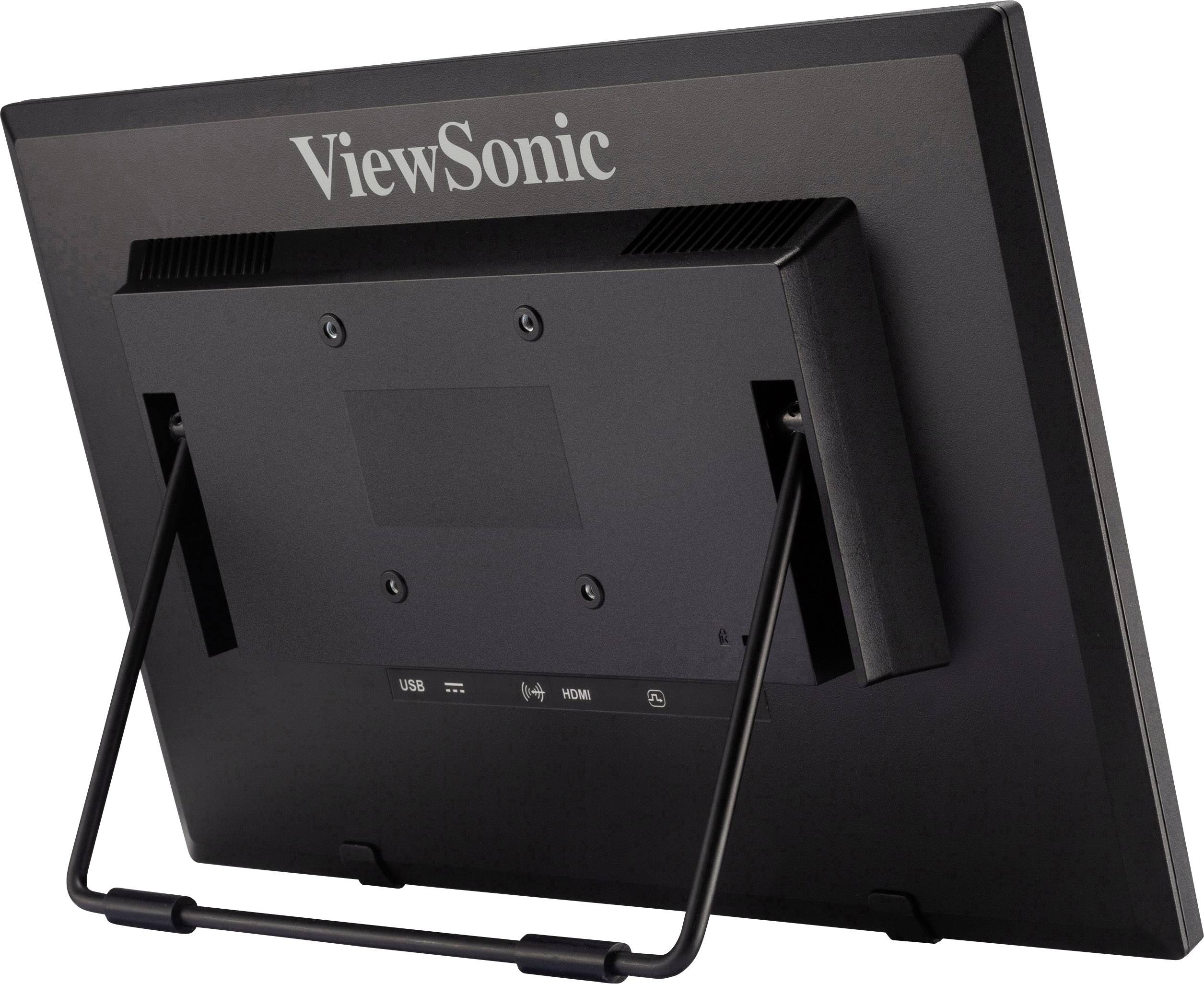 Zadní strana monitoru ViewSonic, podepřená dvěma stojany. Viditelné konektory: USB, HDMI a síťový port.