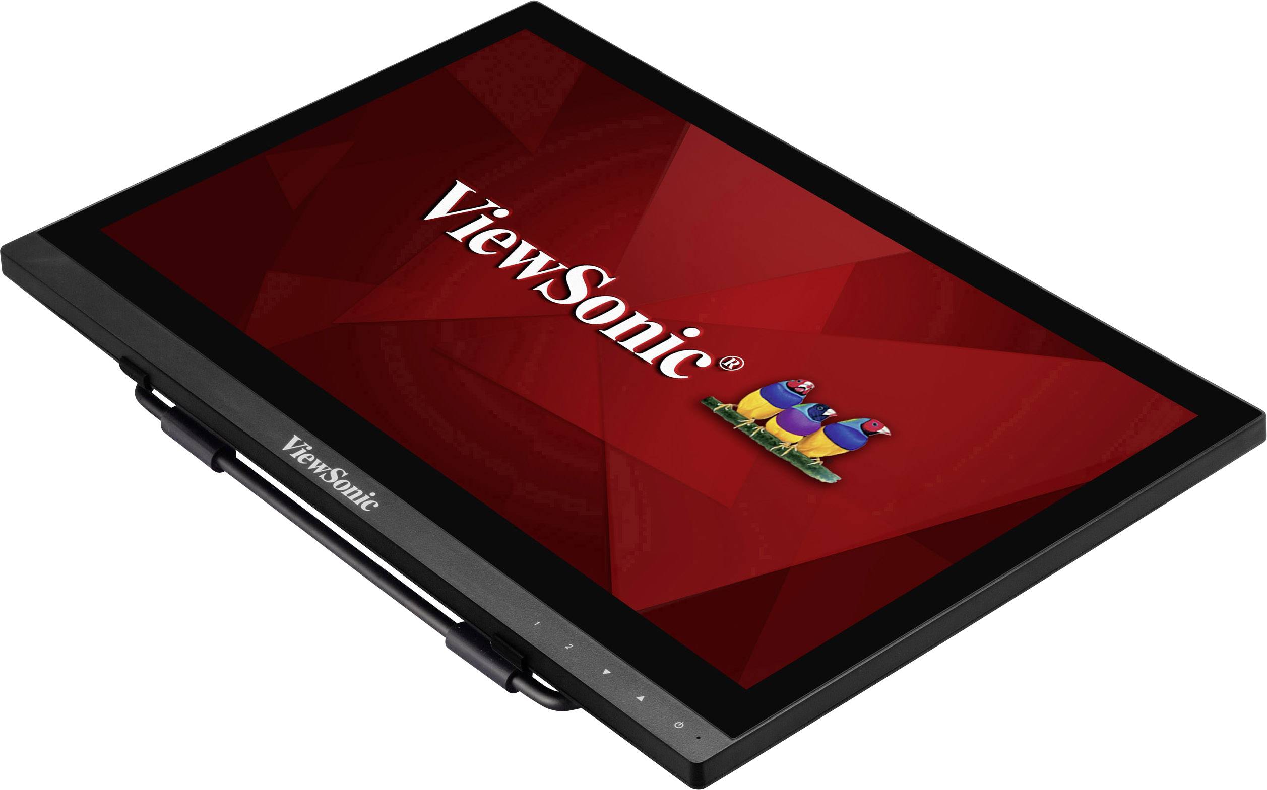 Tablet displej s logem ViewSonic na červeném pozadí, který zobrazuje tři barevné ptáky jako symbol značky.