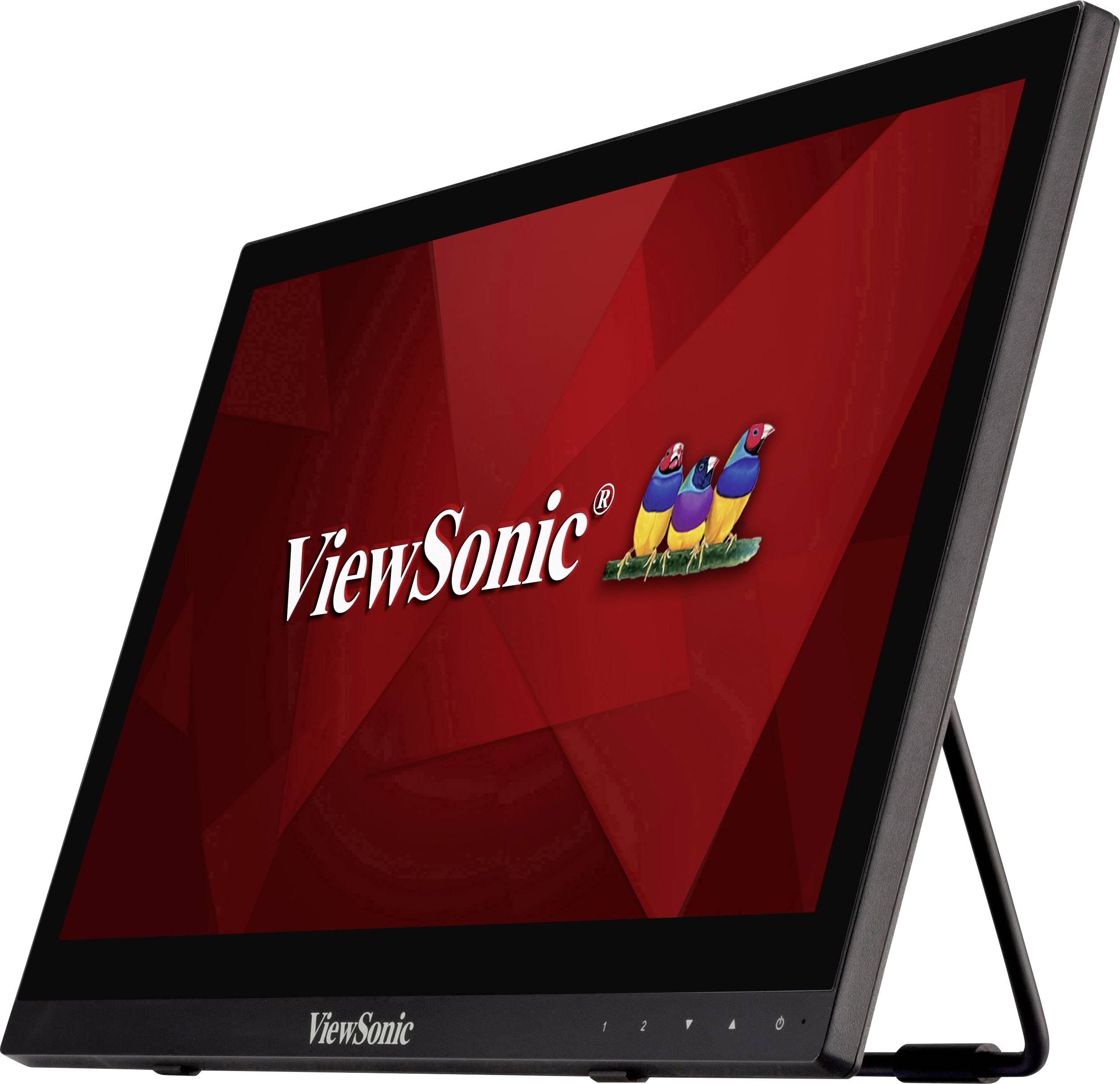 Přenosný monitor s černými rámy zobrazuje velkou červenou tapetu s logem 'ViewSonic' a třemi barevnými ptáky.