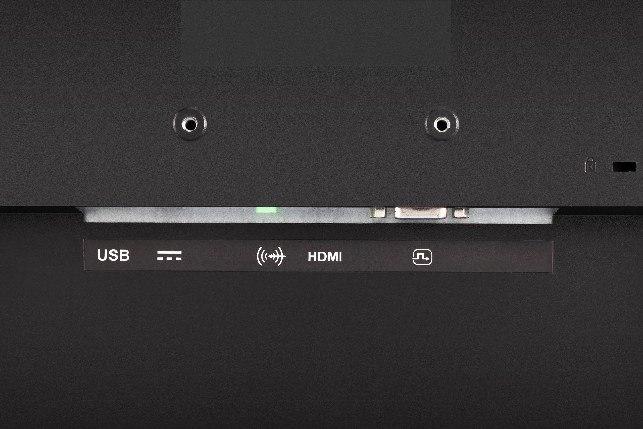 Zadní strana zařízení s konektory: USB, symbol bezdrátového připojení a HDMI port.