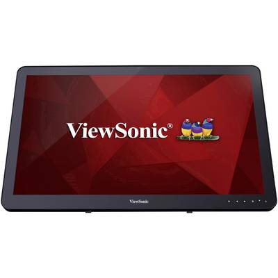 Monitor ViewSonic s červeným geometrickým pozadím a logem uprostřed, který zobrazuje tři barevné ptáky.