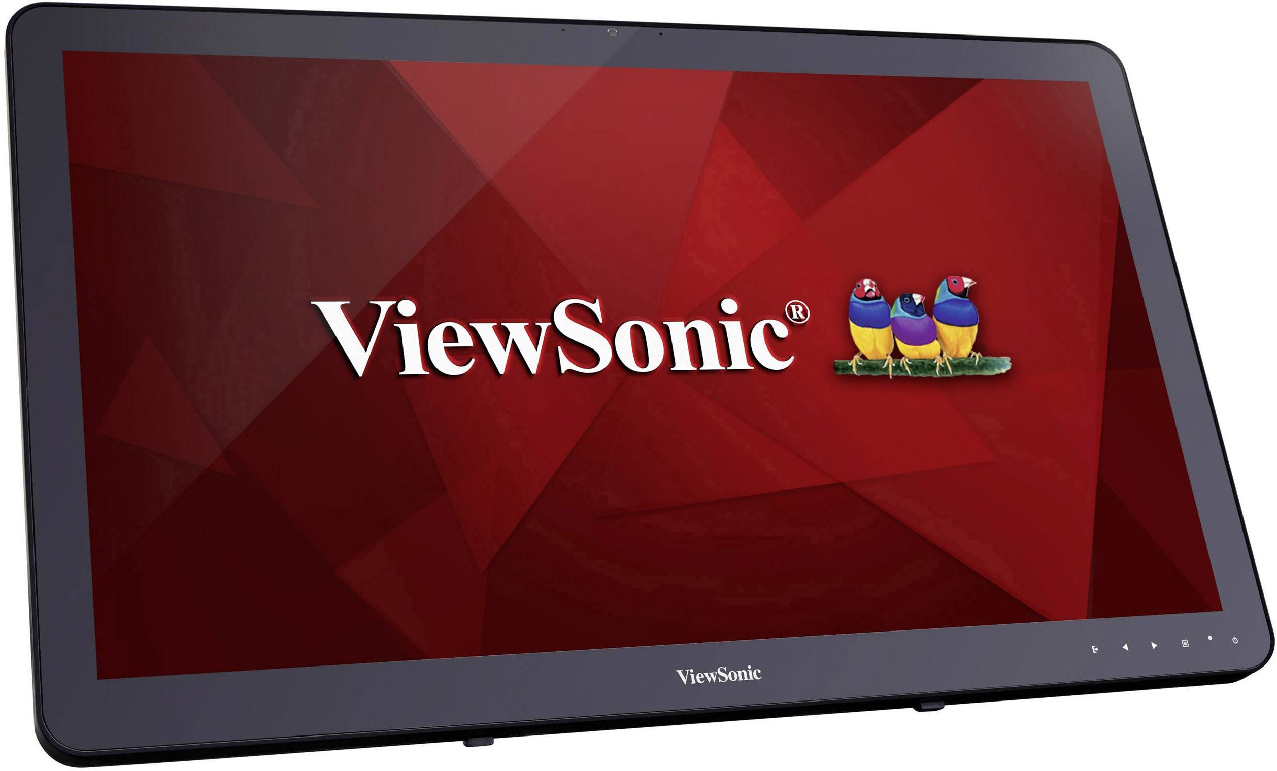 Obrazovka s logem ViewSonic na červeném pozadí. Vedle loga jsou vyobrazeni tři pestře zbarvení ptáci.