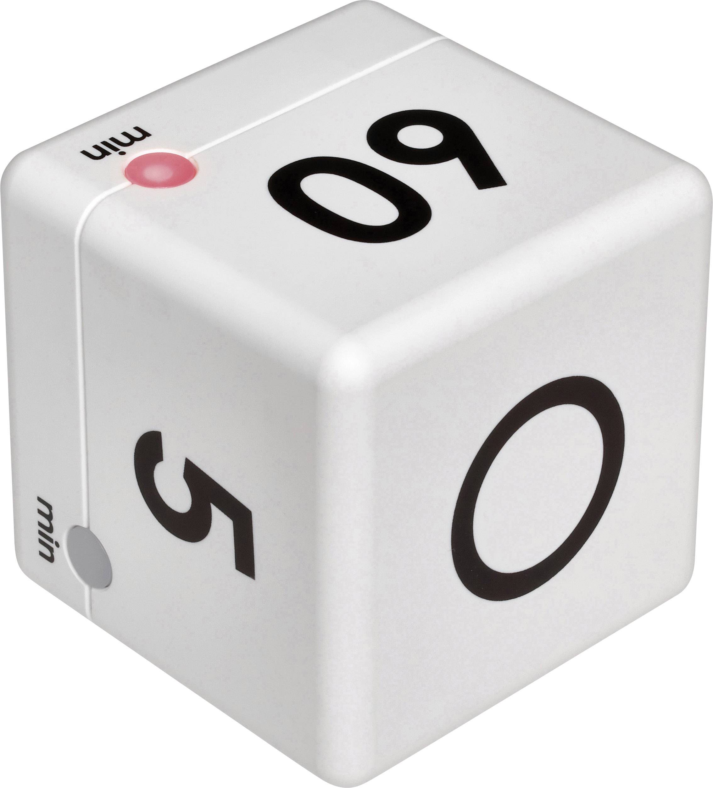 Kostka-časovač s hodnotami '5', '60' a '0' minut na stranách, osvětlený na straně s '5' minutami.