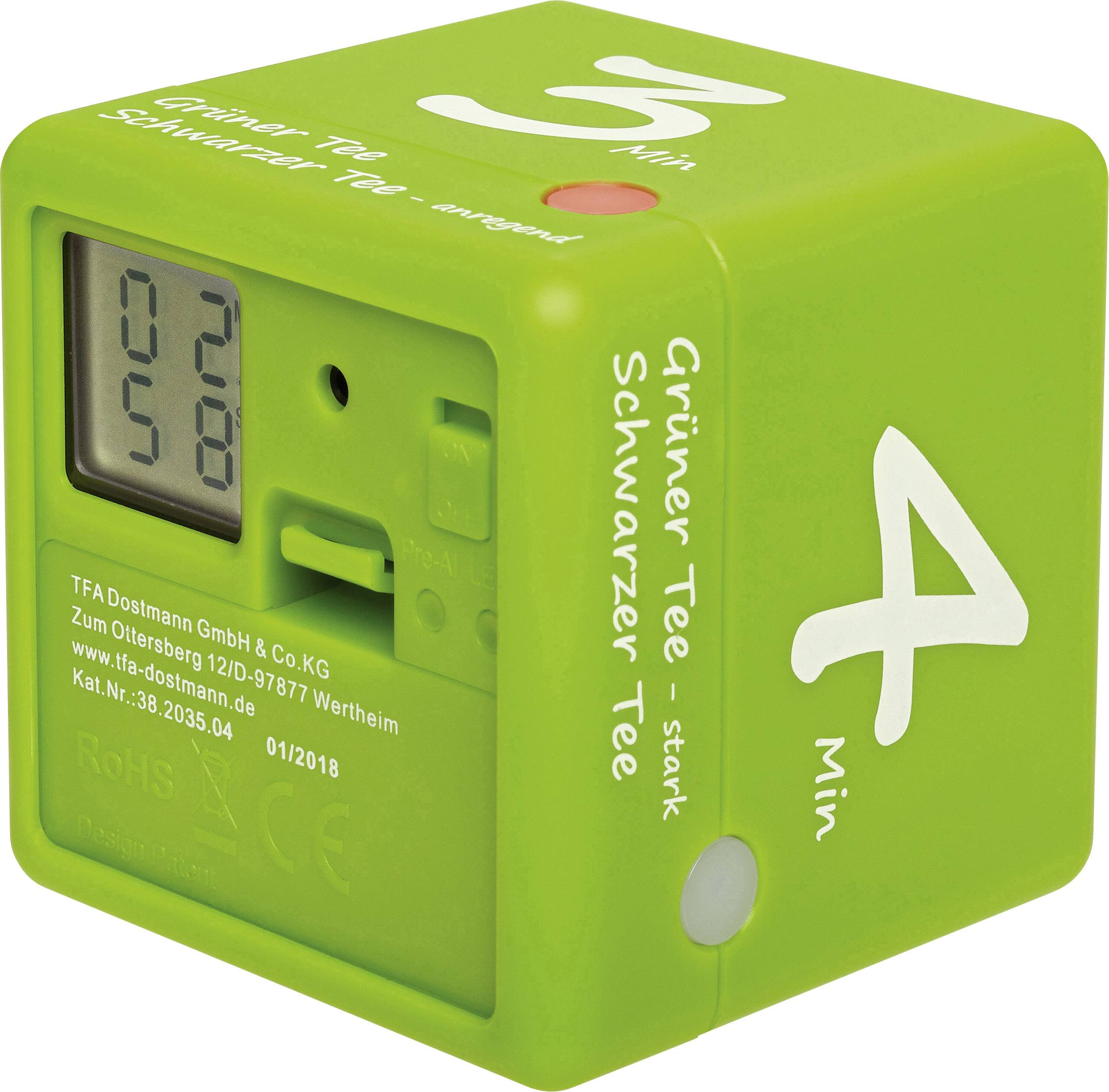 Zelená minutka s digitálním displejem ukazuje '02:58'. Popisky: 'Zelený čaj 3 min', 'Černý čaj 4 min'.