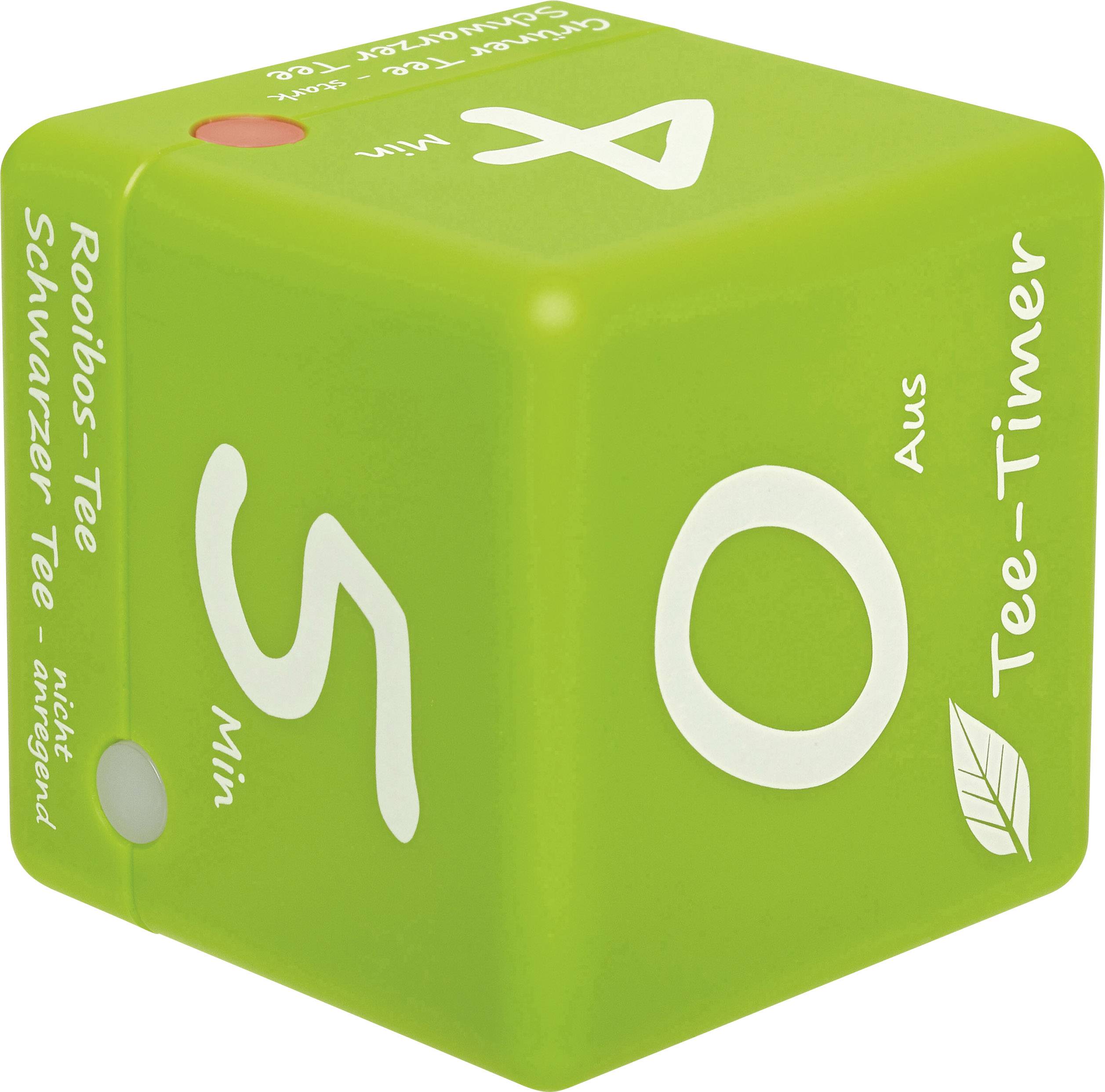 Zelená kostka čajového měřiče času s bílými čísly: '0', '3', '5', '10'. Popis: 'Rooibos čaj, Černý čaj'. Funkce: Měření času pro přípravu čaje.