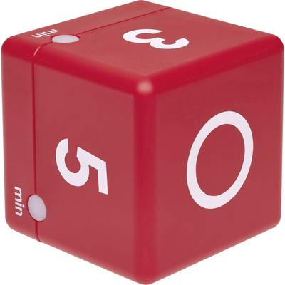 Červená kostka časovače s bílými čísly 0, 3 a 5, zobrazující minuty.