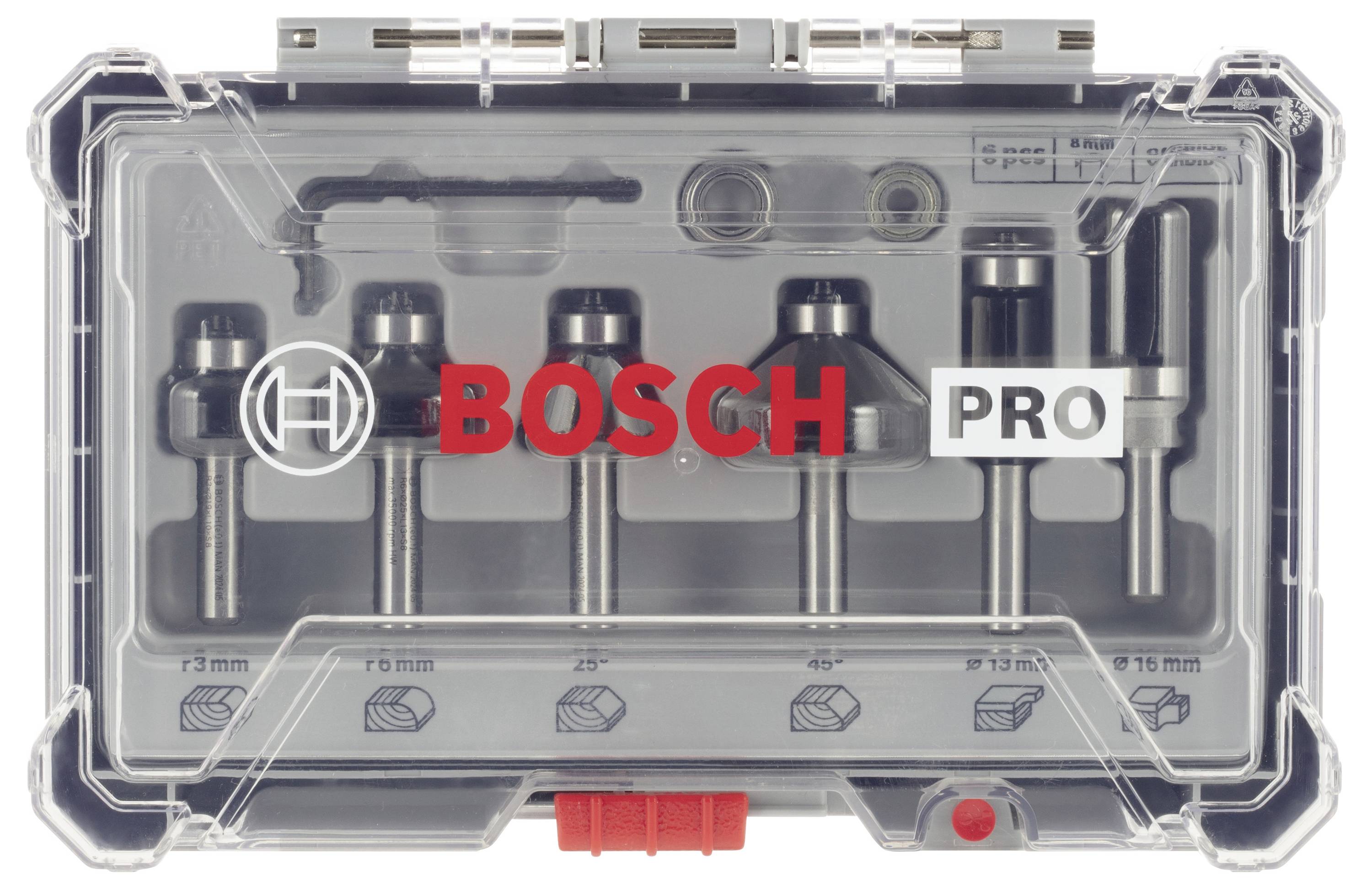 Sada se šesti různými vrtáky pro frézování od Bosch Pro v průhledném plastovém pouzdře. Obsahuje velikosti od 3 mm do 16 mm.