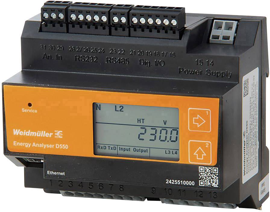 Energetický analyzátor od Weidmülleru s digitálním displejem zobrazuje hodnotu 230,0. Nahoře se nachází několik elektrických připojení.
