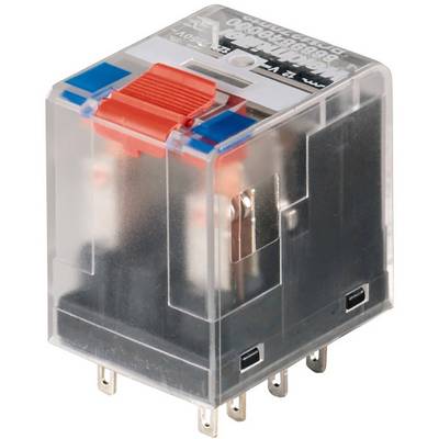 Průhledné relé s viditelnými kovovými kontakty a červeným spínačem nahoře, určené pro řízení elektrických obvodů.