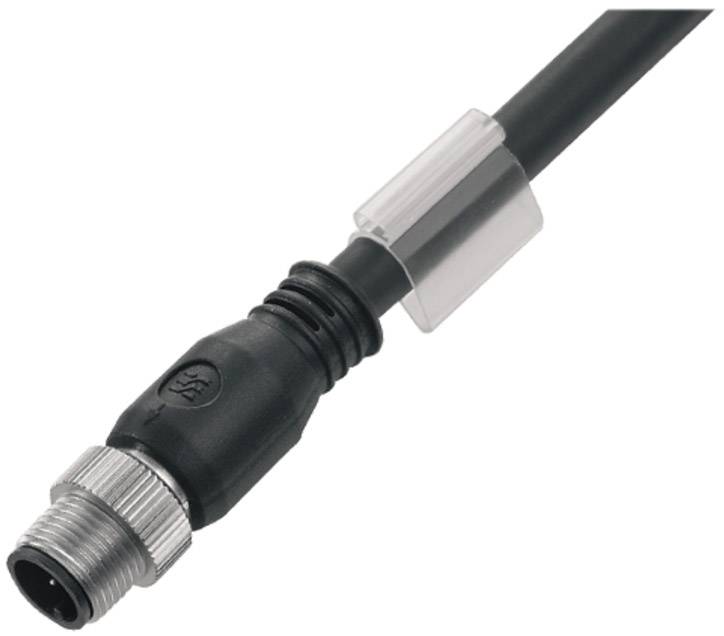 Černý kabel s kulatým kovovým šroubovým připojením a plastovou svorkou. Vhodný pro technické aplikace.