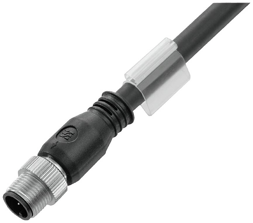 Černý kabel s kovovým stříbrným konektorem a černými plastovými prvky. Na kabelu je umístěna průhledná svorka.
