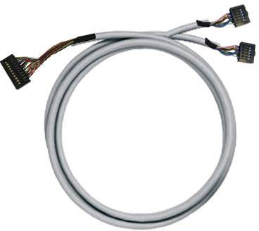 Šedý kabel s několika barevnými vodiči a konektory na obou koncích.