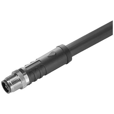 Černý kabel M12 konektoru s kovovým zajištěním a vroubkovanou rukojetí, vhodný pro průmyslové aplikace a senzorová připojení.