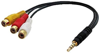 Trojitý audio/video kabel: Jeden konec se třemi cinch konektory v červené, bílé a žluté barvě; druhý konec zakončený 3,5mm jackem.