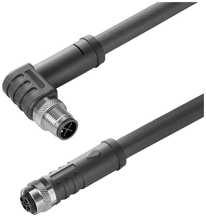Černý kabel s kovovými konektory, který je zalomený a rovný.