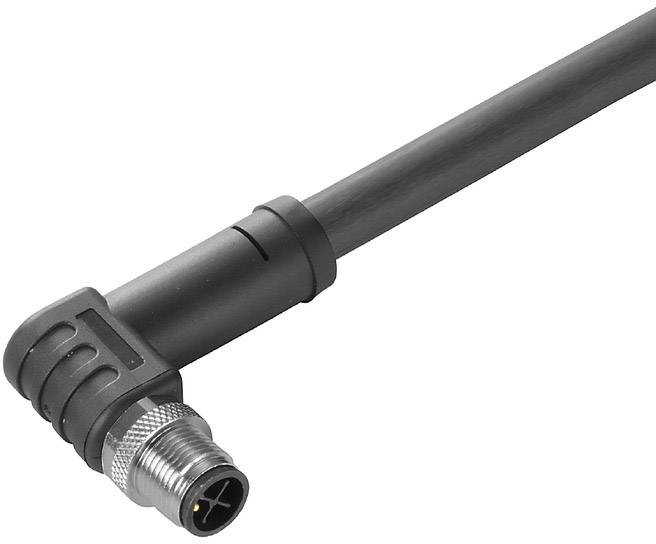 Černý pravoúhlý kabel s kulatou kovovým konektorem se dvěma kolíky, vhodný pro průmyslové aplikace.