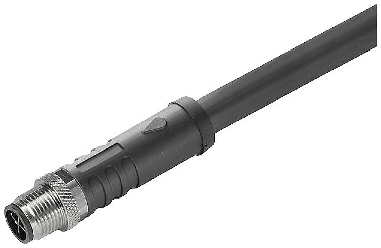 Černý kabel s kulatou kovovým konektorem na konci, vhodný pro průmyslové připojení.