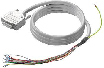 Šedý, svinutý kabel s konektorem DB25 na jedné straně a otevřenými barevnými konci kabelů na straně druhé.