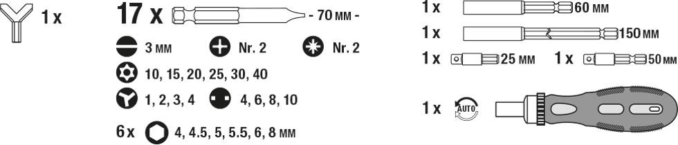 Sada šroubováků: 17 bitů, různé velikosti a tvary. Včetně prodlužovacích nástavců (150 mm, 60 mm, 50 mm) a rukojeti.