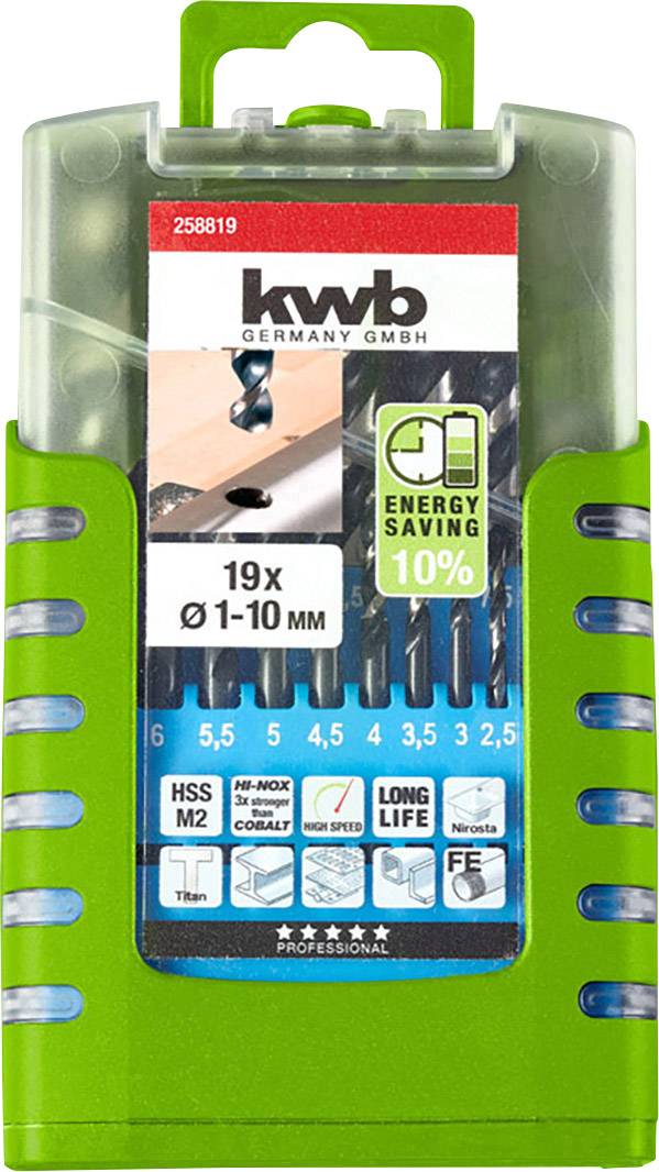 Sada vrtáků v zeleno-modré krabici. Obsahuje 19 HSS M2 kovových vrtáků o průměru 1-10 mm. Popis: 'ÚSPORA ENERGIE 10%' a 'DLOUHÁ ŽIVOTNOST'.