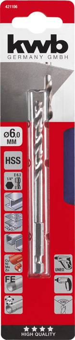 Obal kovového vrtáku značky KWB, 6 mm, HSS, s symboly pro specifické použití a vlastnosti.