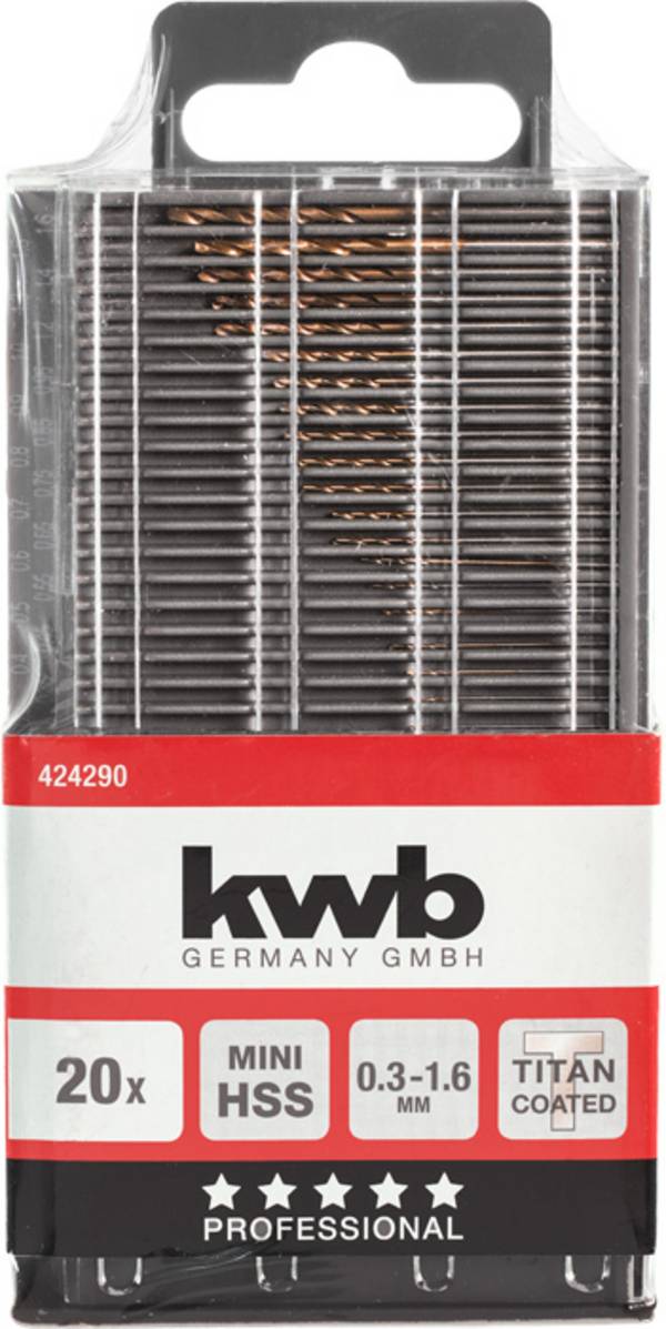 kwb 424290 HSS Titan sada spirálových vrtáku do kovu 20dílná 0.3 mm, 0.35 mm, 0.4 mm, 0.45 mm, 0.5 mm, 0.55 mm, 0.6 mm, 0.65 mm, 0.7 mm, 0.75 mm, 0.8 mm, 0.85 mm, 0.9 mm, 0.95 mm, 1 mm, 1.2 mm, 1.3 mm, 1.4 mm, 1.5 mm, 1.6 mm M2 DIN 338 válcová stopka 1 ks