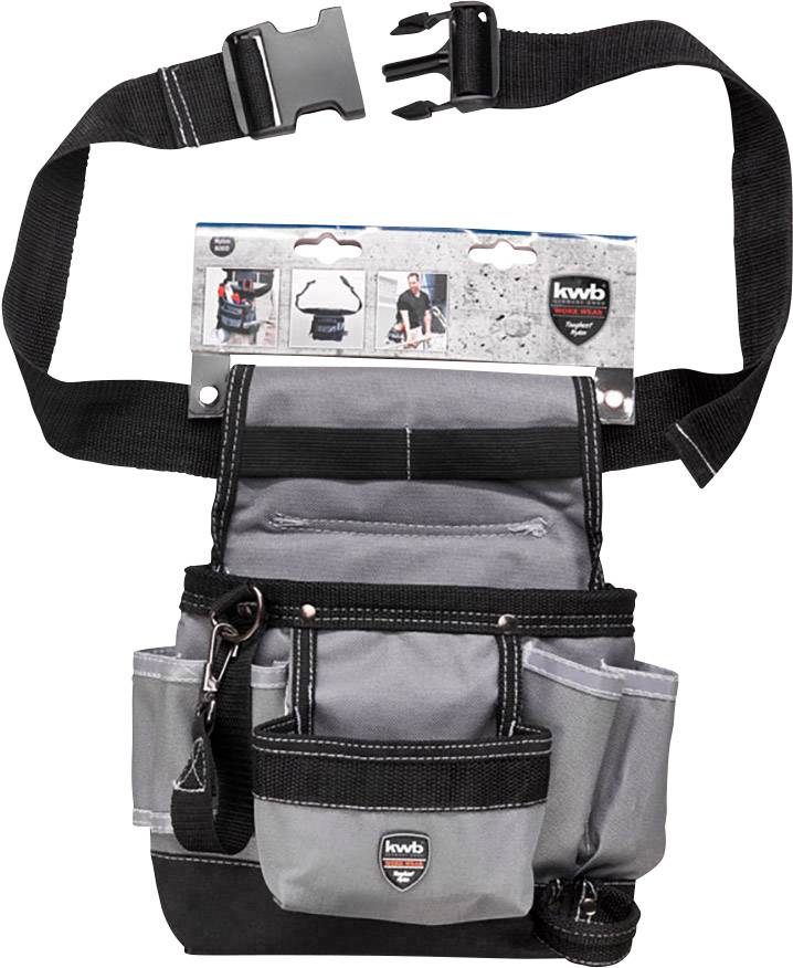 Pracovní brašna s poutkem na opasek, dvěma velkými kapsami a několika menšími přihrádkami na nářadí, v černé a šedé barvě.