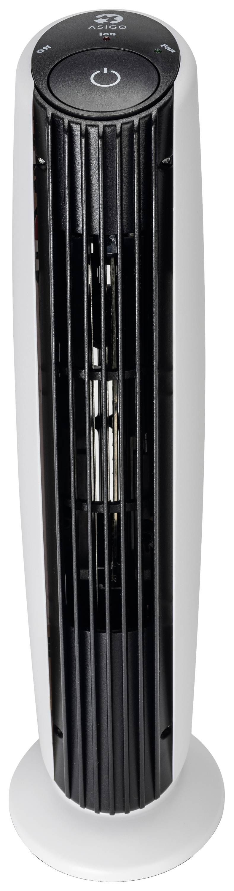 Bílý věžový ventilátor s černou mřížkou a ovládacími prvky nahoře.