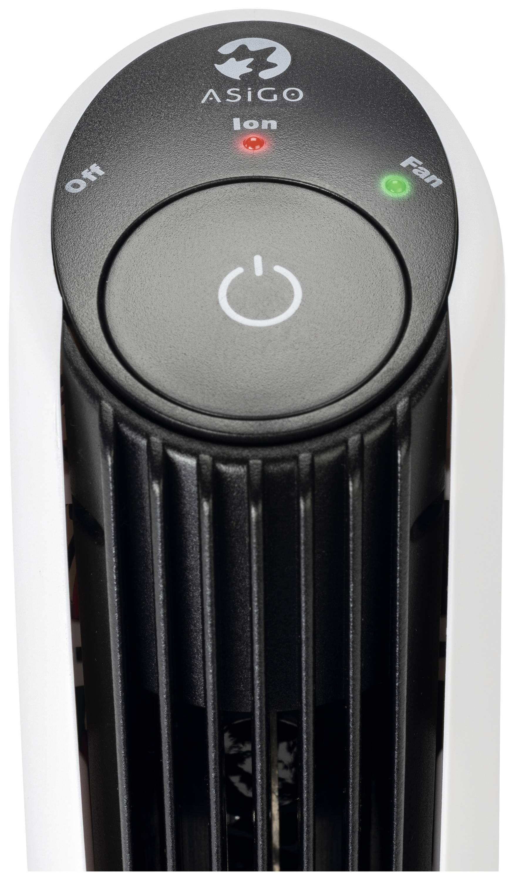 Čistič vzduchu s ionizační funkcí. Síťový spínač uprostřed, červená indikace pro 'Ion' a zelená pro 'Ventilátor'.