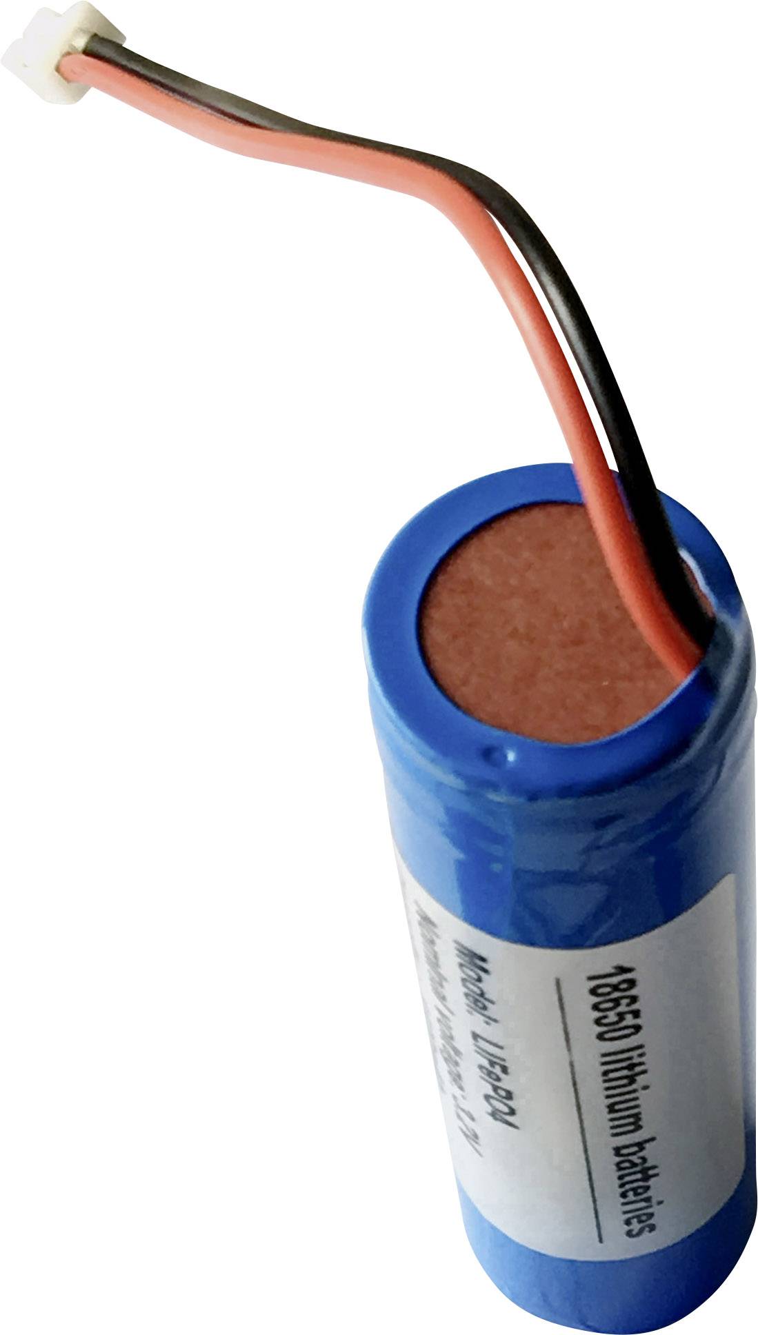 Modrá válcová lithium-iontová baterie s připojovacími vodiči a bílou zástrčkou.