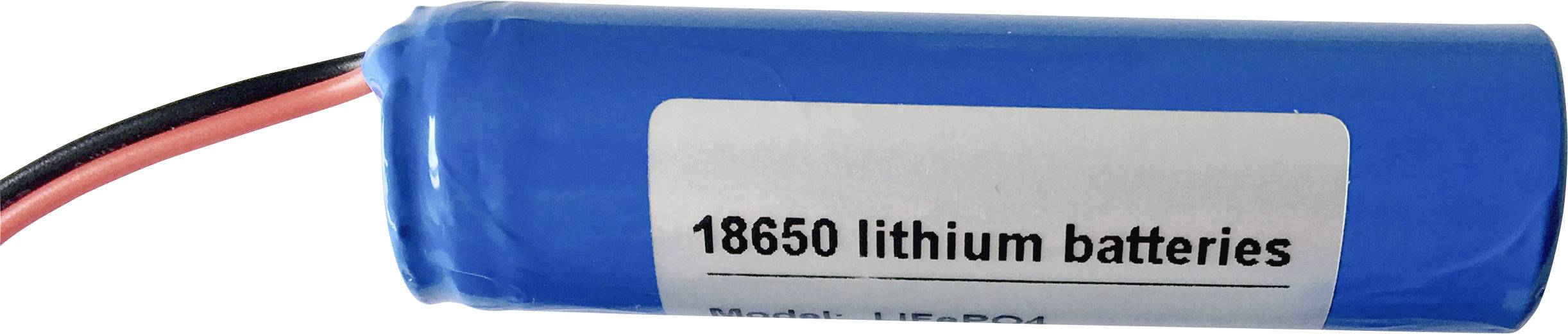 Modrý lithium-iontový akumulátor s nápisem '18650 lithium batteries' zobrazuje červené a černé vodiče vlevo.