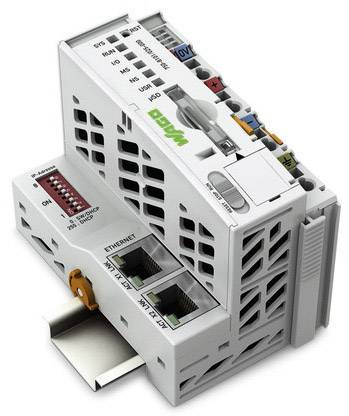 Modulární, programovatelný řídicí kontrolér s ethernetovými porty a digitálními rozhraními pro montáž na DIN lištu.