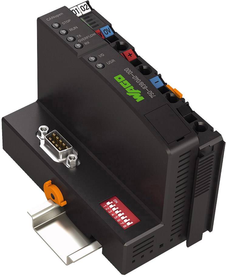 Černý elektronický modul s barevně kódovanými přípojkami a kovovým konektorem, namontovaný na DIN liště.