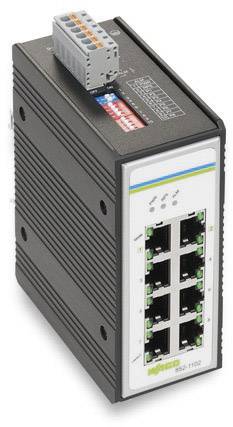 Průmyslový ethernetový switch s 8 porty, montovaný na DIN lištu, určený pro spolehlivé připojení v průmyslových sítích.