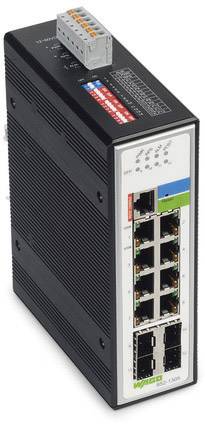 Ethernetový switch s osmi porty a dvěma SFP sloty, vhodný pro průmyslové sítě, v robustním černém provedení.
