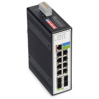 Ethernetový switch s osmi porty a dvěma SFP sloty, vhodný pro průmyslové sítě, v robustním černém provedení.