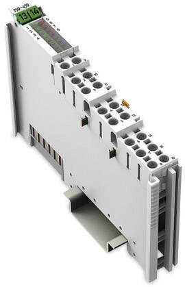 Digitální vstupně-výstupní modul v šedém pouzdře s několika připojovacími svorkami a digitálním displejem na horní straně.