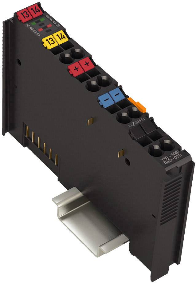 Elektronický modul s barevně kódovanými konektory na držáku, určený pro řízení elektrických signálů v automatizačních systémech.
